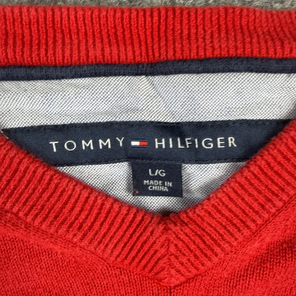 Tommy Hilfiger Sweater Mens Large Red V Neck Flag Logo Cotton Knit Pullover